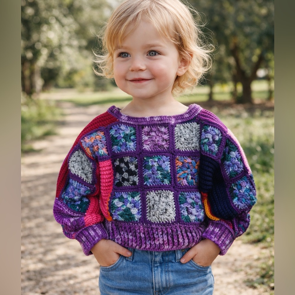NWOT Handmade Child Boho Retro Hippie Balloon Sleeve Colorful Knit Sweater